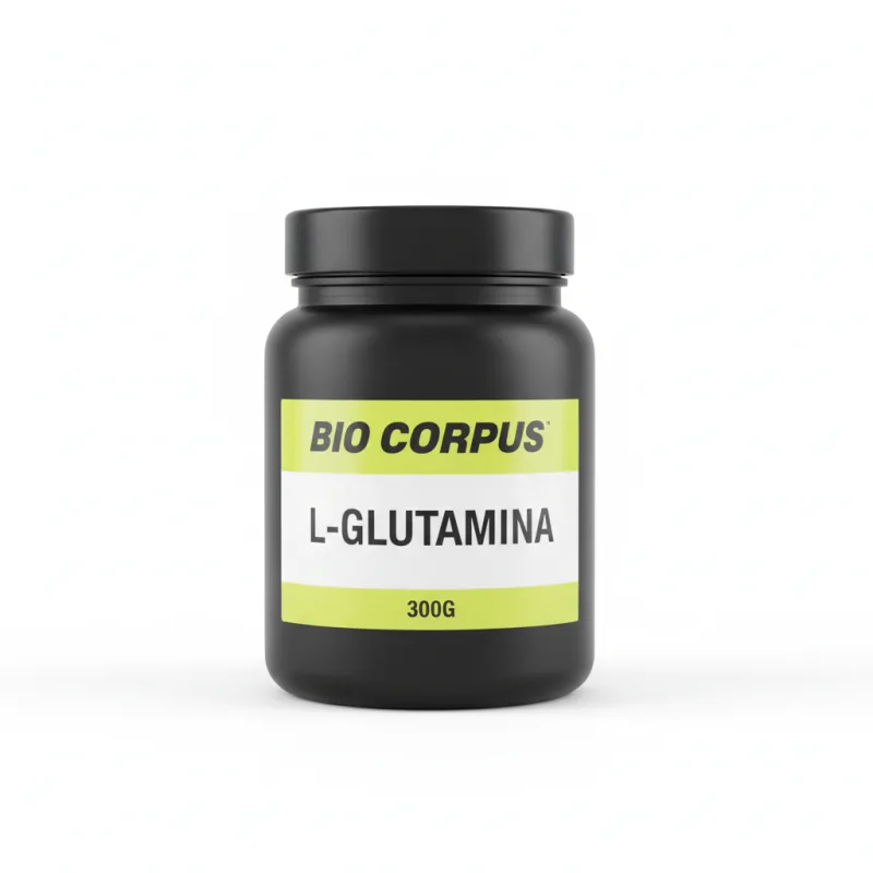 Pote preto de L-Glutamina Bio Corpus 300g com rótulo branco e verde-limão